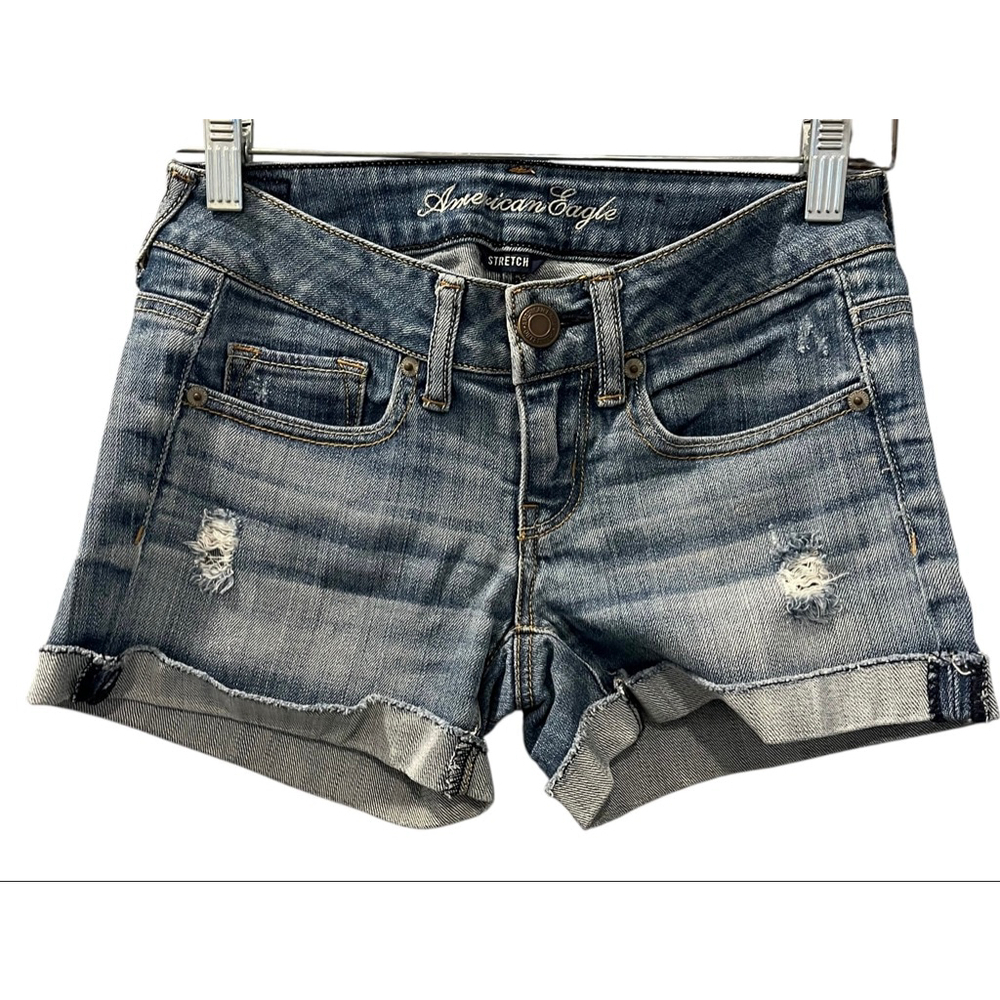American Eagle Size 00 Distressed Denim Blue Jean Shorts Stretch Casual Summer